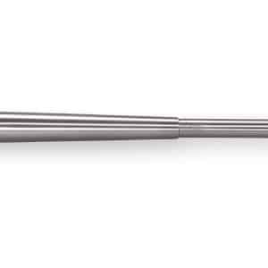 Long stainless steel precision rod with a threaded end, lying horizontally on a white background.