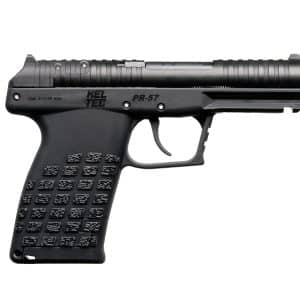 Profile view of a black Kel-Tec PR-57 pistol with a textured grip and 5.7×28 mm caliber marking.