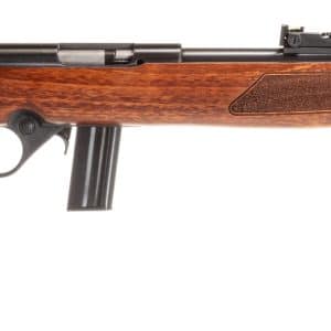 Bolt-action hunting rifle seen in profile with wooden stock and metal barrel, magazine attached under the action, and simple iron sights