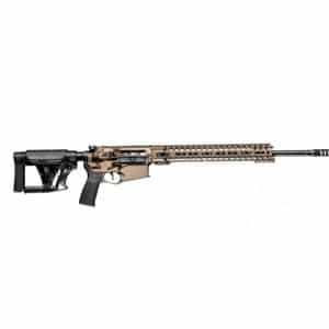 Tan AR-15 style rifle with black stock and quad-rail handguard against a white background.