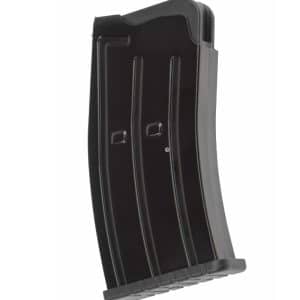 Black curved rifle magazine with a ribbed base plate, angled to the side.