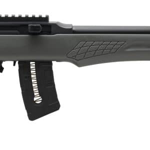 Bolt-action rifle with gray polymer stock and a hanging detachable box magazine under the receiver.