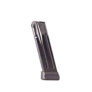 Metal pistol magazine with a dark baseplate, angled upright against a white background.