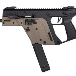 Side view of a KRISS Vector–style firearm with tan lower receiver and black upper rail, showing accessories and stock detail.
