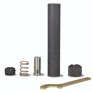 Disassembled firearm suppressor components laid out on a white background: outer tube, spring, spacers, caps, and a wrench.