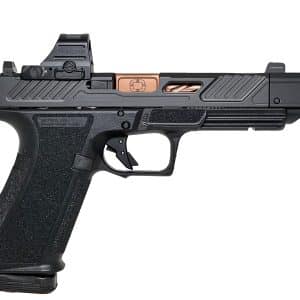 Side view of a black semi-automatic pistol with a mounted optic and textured grip, shown in profile.
