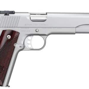 Side view of a stainless semi-automatic pistol with a dark wooden grip and textured grip panels