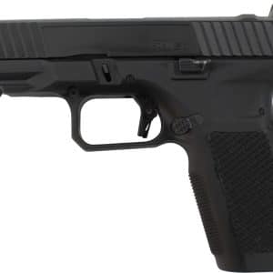 Side view of a black semi-automatic pistol with a textured grip and serrated slide.