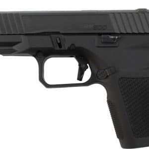 Side view of a black STI 200 semi-automatic pistol with a textured grip and serrated slide