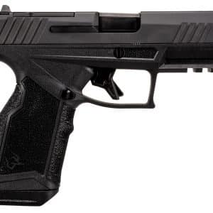 Side view of a black semi-automatic pistol with textured grip and visible trigger guard, pointing to the right.
