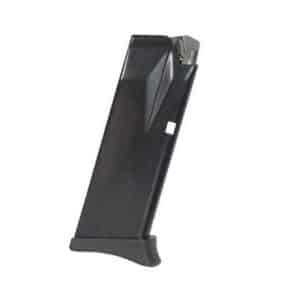 Black detachable firearm magazine (pistol magazine) standing upright on a white background with a curved baseplate at the bottom.