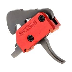 Red and gray bicycle chain tool (chain breaker) with orange adjustment pins, brand POF USA, shown in close-up.