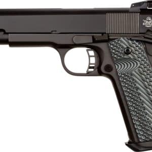 Side view of a black semi-automatic pistol with a textured grip and compact barrel, showing the Rock Island Armory logo on the slide.