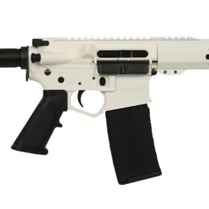 White AR-style rifle in profile with a black adjustable stock and long vented handguard, facing right