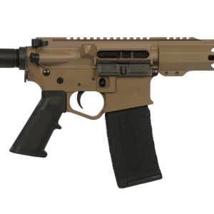 Tan AR-style semi-automatic rifle with collapsible stock, black grip, and a long free-float handguard with a detachable magazine