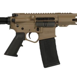 Tan and black semi-automatic rifle with adjustable stock and pistol grip