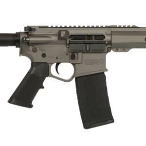 AR-15 style rifle in profile with collapsible stock and long ventilated handguard.