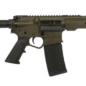 Olive drab AR-style semi-automatic rifle with adjustable brace, pistol grip, black magazine, and long M-LOK handguard on white background