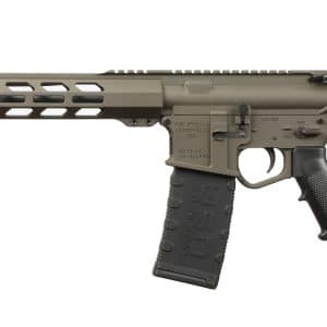 Tan AR-15 style semi-automatic rifle with a long ventilated handguard and adjustable stock](Tan AR-15 style semi-automatic rifle with a long ventilated handguard and adjustable stock.)