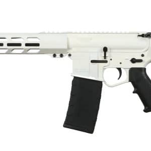 Long-profile semi-automatic rifle with a white receiver, black adjustable stock, black grip, and a perforated white handguard.