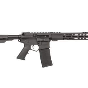 Black AR-style rifle with collapsible stock, textured pistol grip, detachable magazine, and a long modular handguard with cutouts.