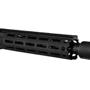Black tactical rifle upper with long free-floating handguard and suppressor-style muzzle device.