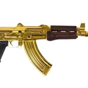 Gold-plated AK-style assault rifle with dark wood handguard and curved magazine.