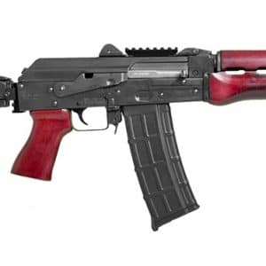 AK-style rifle with red wooden stock and grip, folding buttstock, curved magazine on a white background