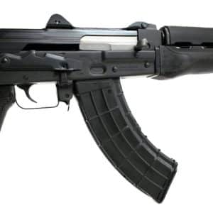 Side view of a black assault rifle with a curved magazine and front sight in profile.