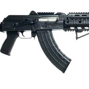 Black AR-style rifle with collapsible stock, pistol grip, and curved magazine on a white background