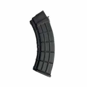 Curved black rifle magazine with a ribbed, segmented surface, viewed from the side at an angle