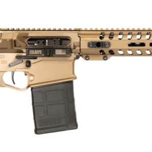 Tan and black tactical rifle with a long quad-rail handguard and detachable magazine, shown in profile against a white background.