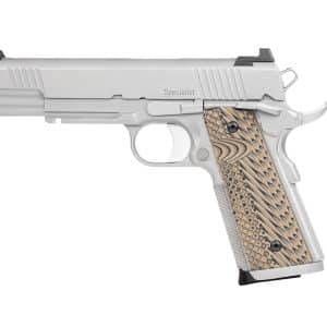 Semi-automatic pistol with a light gray finish and a tan patterned grip, slide marked 'Specialist'.