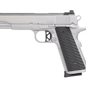 Side view of a silver semi-automatic pistol with a black textured grip and visible hammer in profile.
