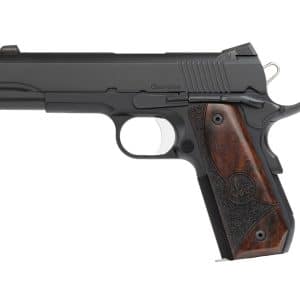 Side view of a semi-automatic pistol with dark slide and brown wood grips.