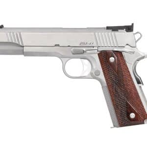 Side profile of a semi-automatic pistol (PM-45) with brushed stainless finish and diamond-pattern wooden grip panels