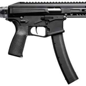 Black semi-automatic rifle shown in profile with folding stock, pistol grip, and long modular handguard with a curved magazine and muzzle device