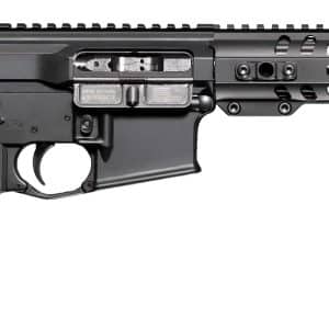 Profile view of a modern black tactical rifle with a long vented handguard and rail system