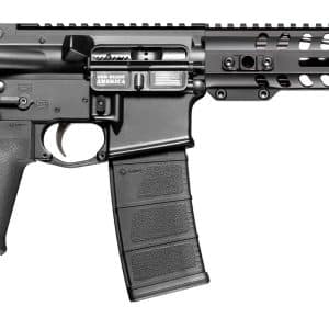 Assault rifle in side profile with collapsible stock, optic-less upper, and a large magazine attached to a black rail system.
