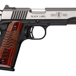 Semi-automatic pistol (1911-380) with a stainless slide and wooden grip engraved 'Black Label' and '1911 380'.