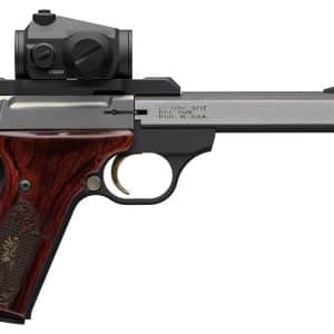 Close-up side view of a .22 caliber Buck Mark pistol with a decorative wooden grip and a mounted optic on the slide.