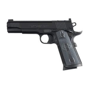 Side view of a black semi-automatic pistol with a textured grip and exposed trigger guard.
