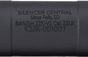 Black silencer device with engraved branding: Silencer Central, Sioux Falls, SD, Banish 22K-V2 Cal. 22LR (model for .22 caliber).