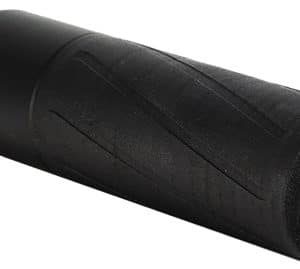 Black firearm suppressor (silencer) lying on its side, showing a threaded end for attachment and mounting holes at the bore end.