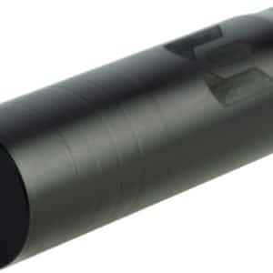 Black cylindrical flashlight lying diagonally on a white background.
