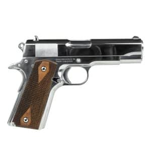 Chrome semi-automatic pistol shown in profile with a brown checkered grip and metallic finish.