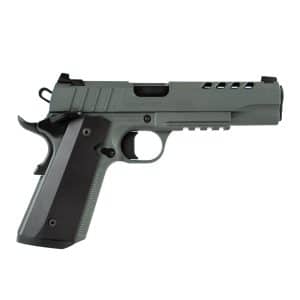 Side view of a gray and black semi-automatic pistol labeled 'NIGHT STALKER' against a white background