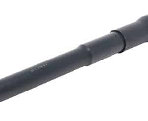 Long black firearm suppressor with threaded muzzle, laid diagonally on white background.