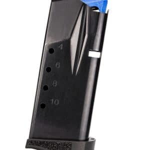 Close-up of a black pistol magazine with a blue follower visible at the top and numbered round indicators (4, 6, 8, 10) along the side.