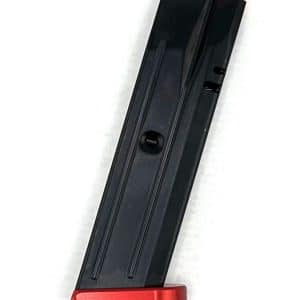 Black curved pistol magazine with red base plates showing a detachable firearm magazine